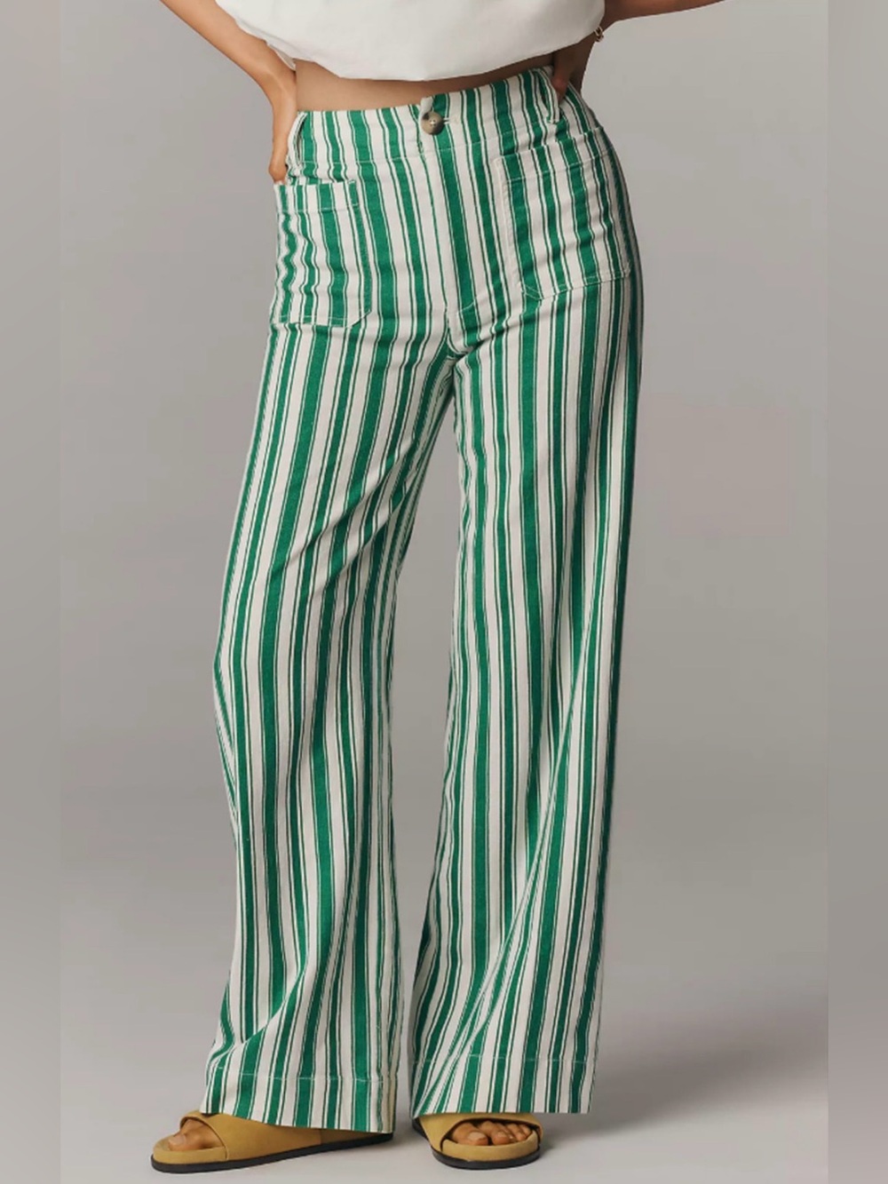 Maeve by Anthropologie Colette Full Length Wide Leg Pants Green/White Stripe
